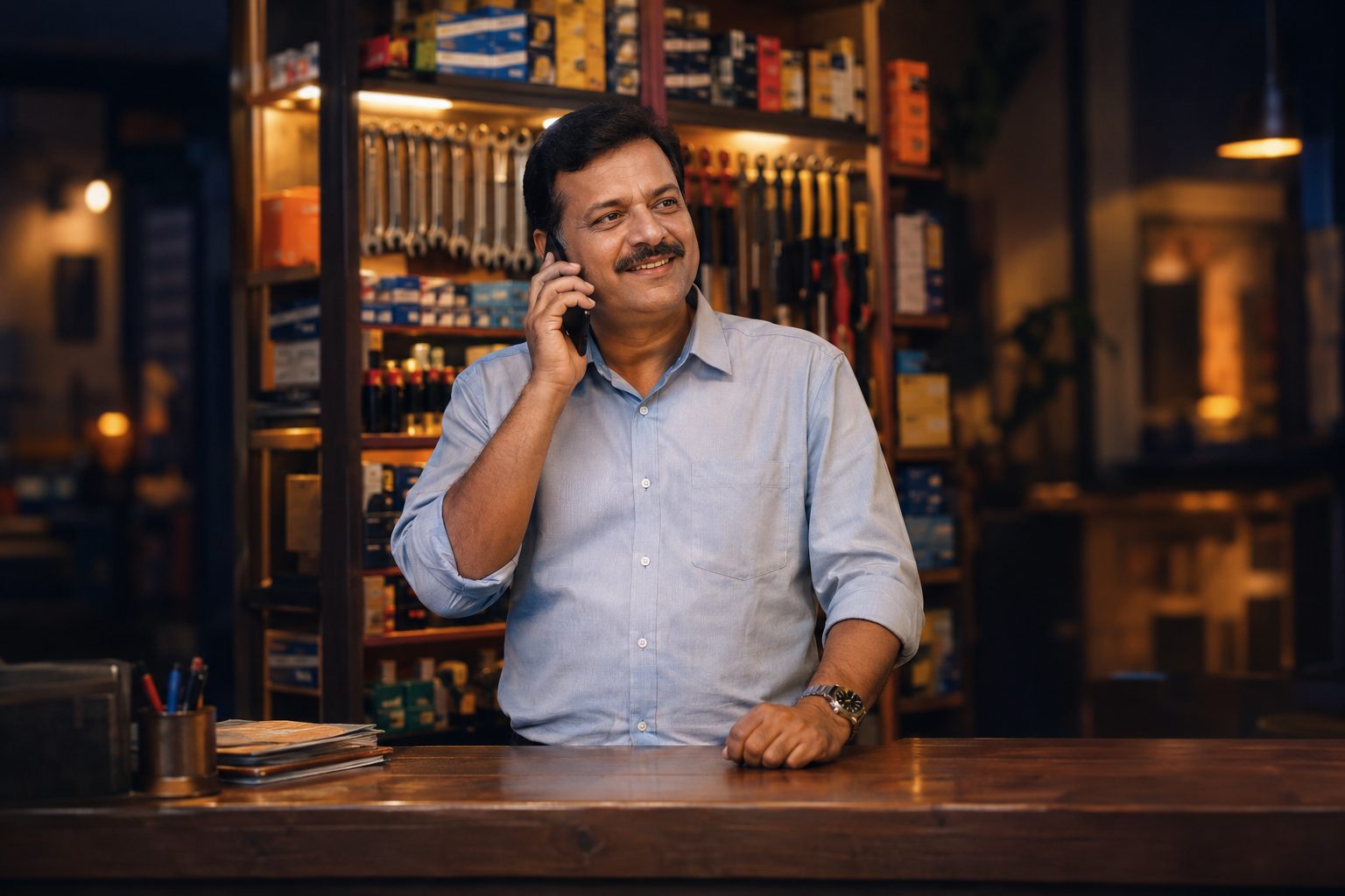 Hardware shop owner in Howrah smiling on an evening phone call at his counter